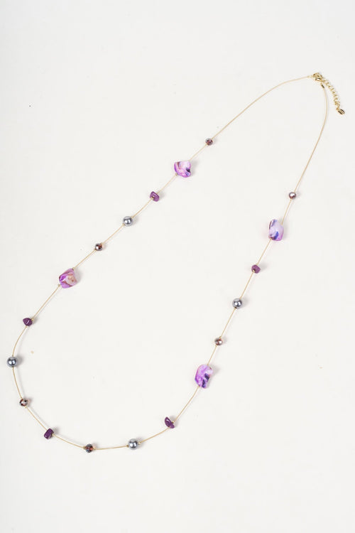 Gold Purple & Grey Stone Beaded Long Necklace