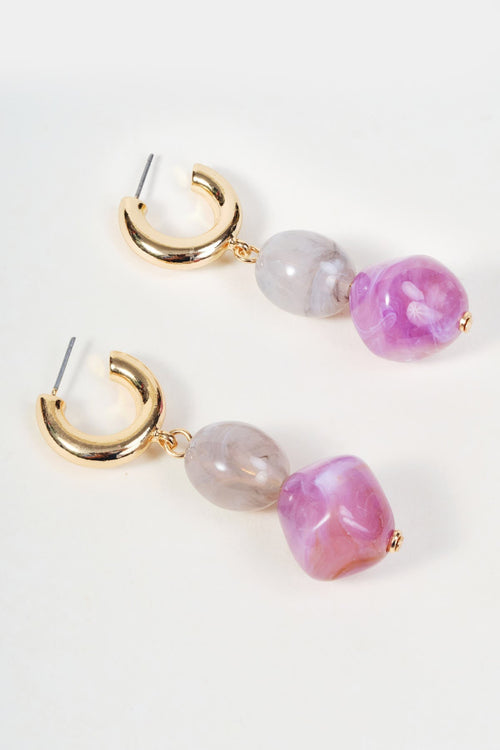Gold Purple & Grey Stone Drop Hoop Earrings