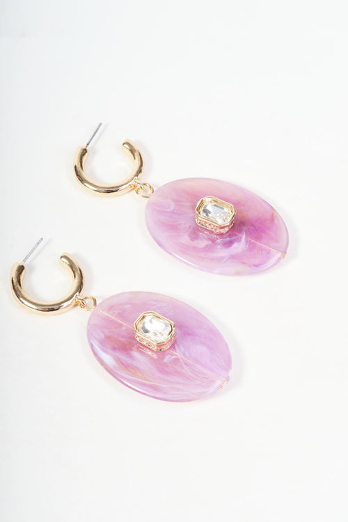 Gold & Purple Stone Oval Drop Hoop Earrings