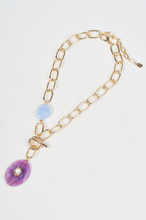 Gold & Purple Stone Oval Pendant Link Necklace