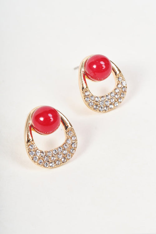 Gold & Red Bead Micro Pave Stone Loop Stud Earrings