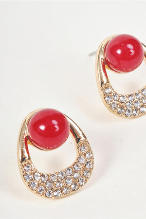 Carraig Donn Gold & Red Bead Micro Pave Stone Loop Stud Earrings