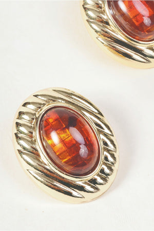 Carraig Donn Gold Ribbed & Oval Amber Stone Stud Earrings