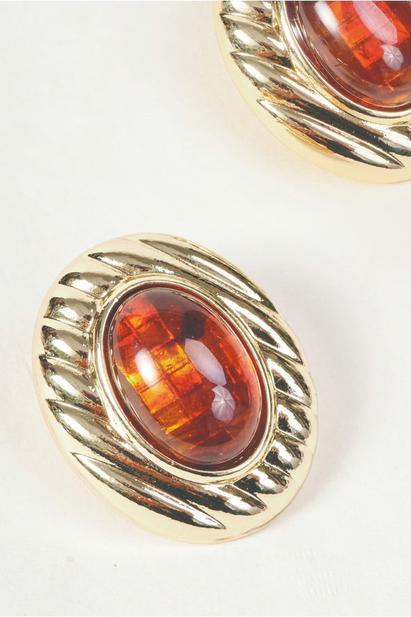 Carraig Donn Gold Ribbed & Oval Amber Stone Stud Earrings