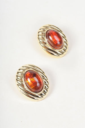 Carraig Donn Gold Ribbed & Oval Amber Stone Stud Earrings