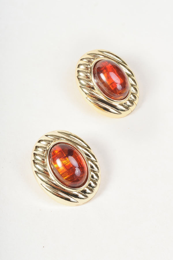 Carraig Donn Gold Ribbed & Oval Amber Stone Stud Earrings