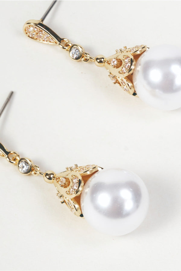 Carraig Donn Gold Round Faux Pearl Drop Earrings