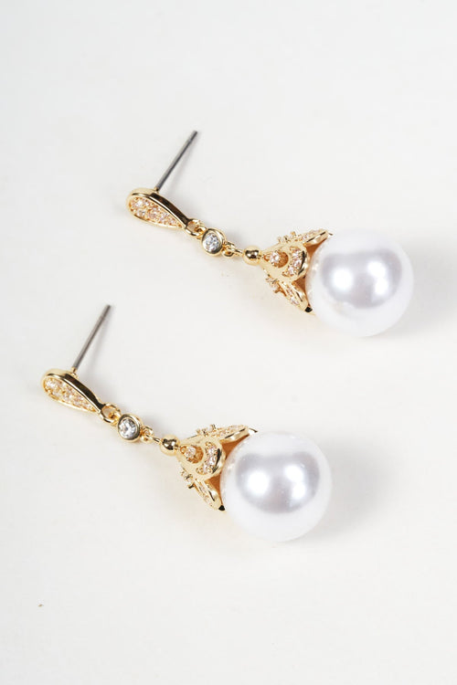 Gold Round Faux Pearl Drop Earrings