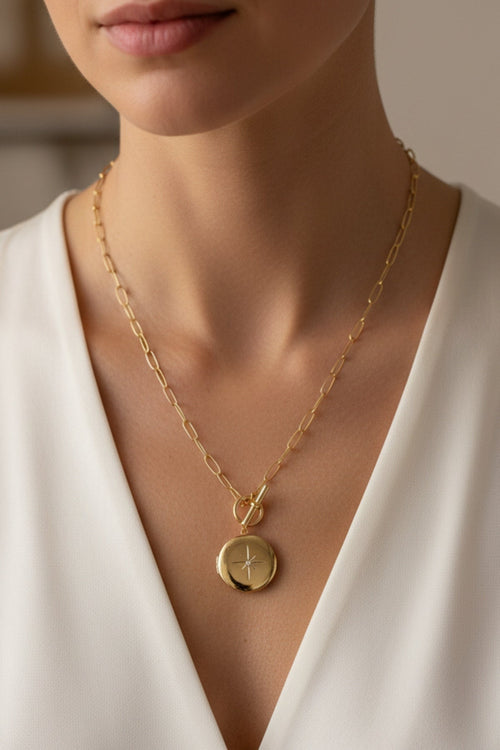 Gold Round Locket & T-Bar Necklace