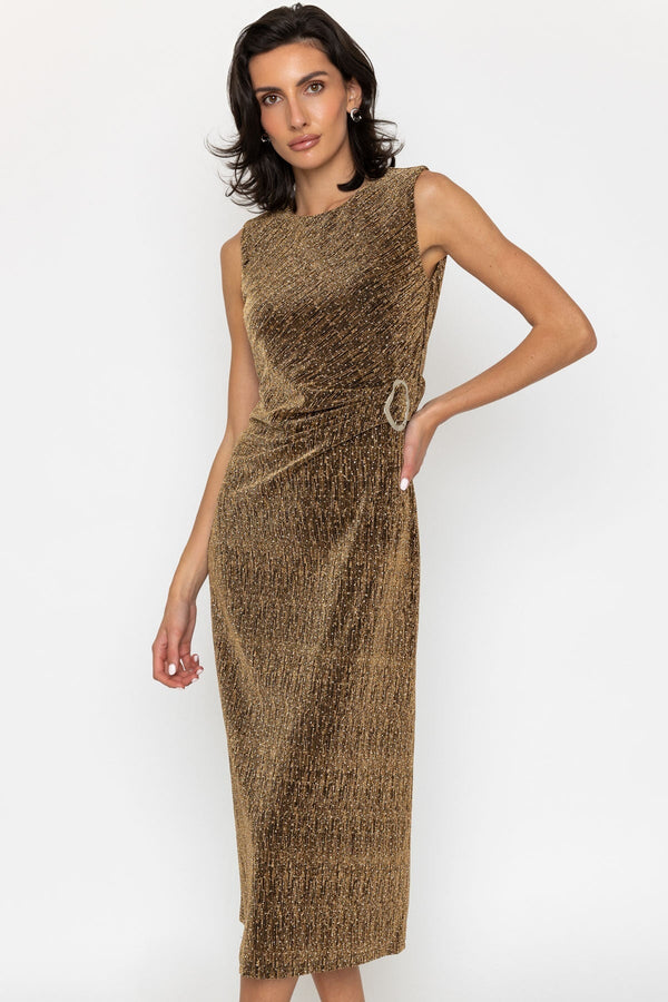 Carraig Donn Gold Sparkle Twist Front Sleeveless Midi Dress