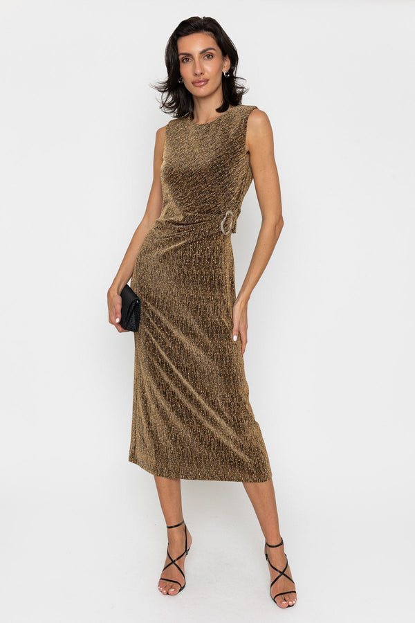 Carraig Donn Gold Sparkle Twist Front Sleeveless Midi Dress