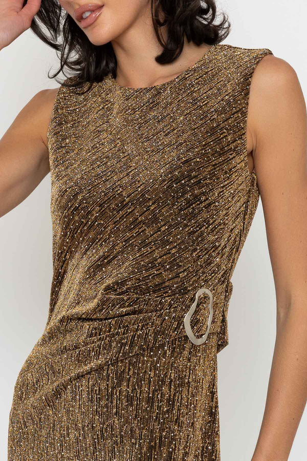 Carraig Donn Gold Sparkle Twist Front Sleeveless Midi Dress