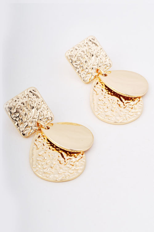 Gold Square & Teardrop Hammered Effect Double Drop Earrings