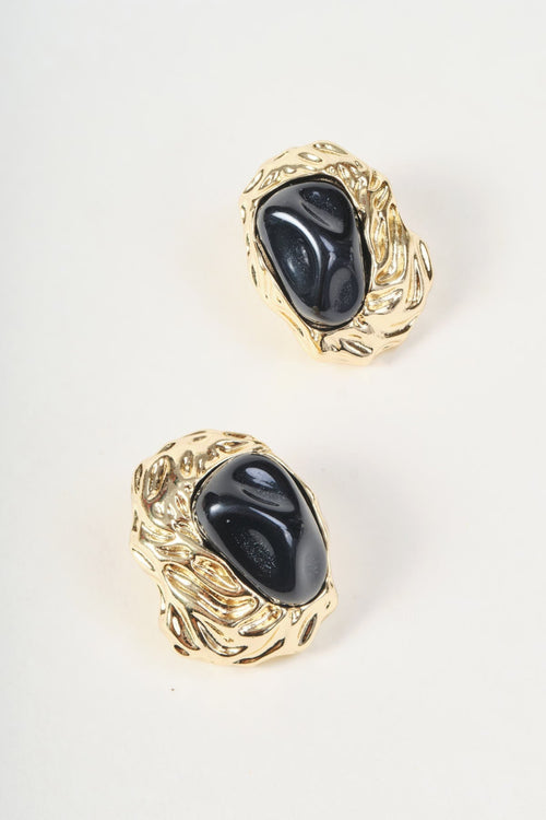 Gold Textured Black Stone Stud Earrings