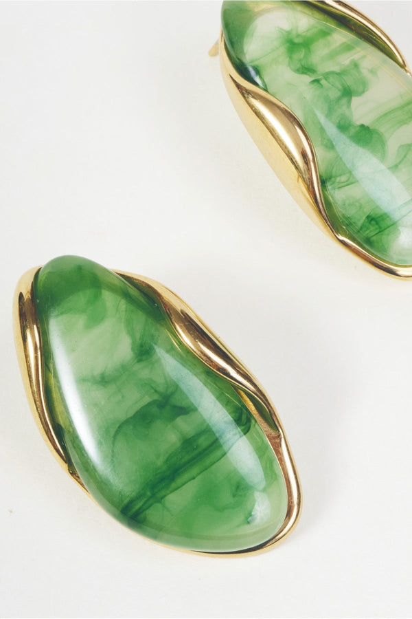 Carraig Donn Gold Trim Green Oval Stone Stud Earrings