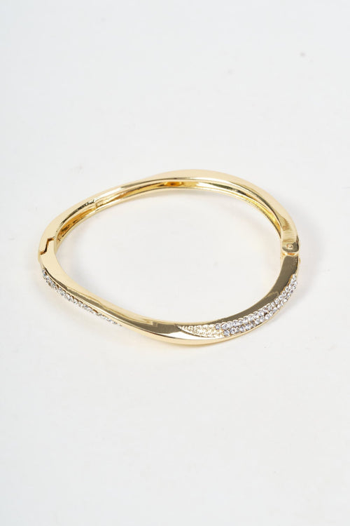 Gold Twist Clear Rhinestone Micro Pave Setting Bangle Bracelet