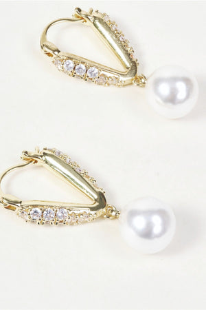 Carraig Donn Gold V-Shaped Faux Pearl Drop Hoop Earrings