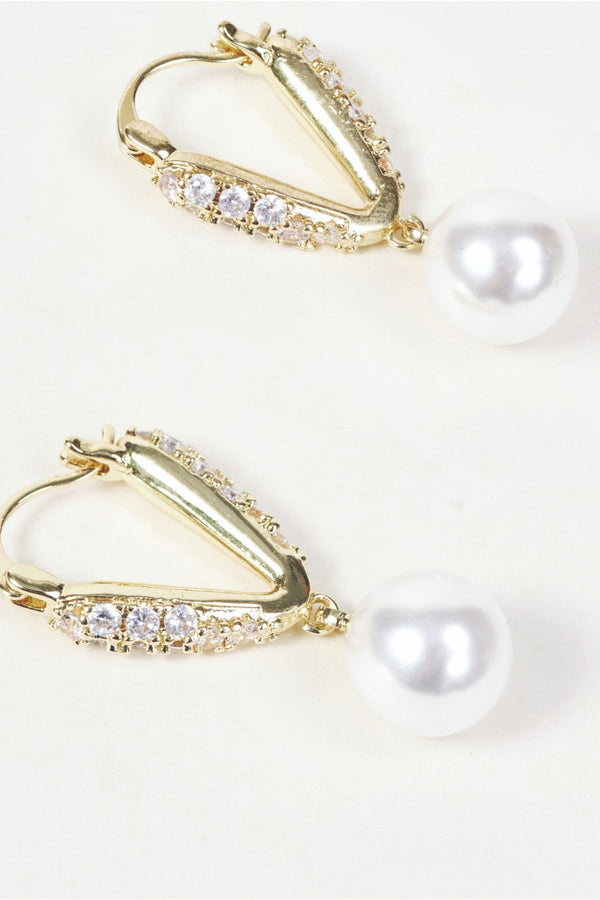 Carraig Donn Gold V-Shaped Faux Pearl Drop Hoop Earrings