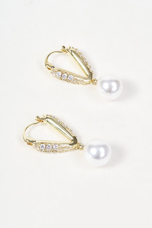 Gold V-Shaped Faux Pearl Drop Hoop Earrings