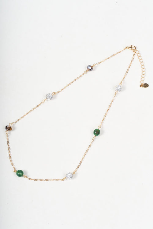 Green, Brown & Diamante Beaded Gold Station Necklace
