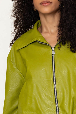 Carraig Donn Green Faux Leather Zip Up Long Sleeve Bomber Jacket
