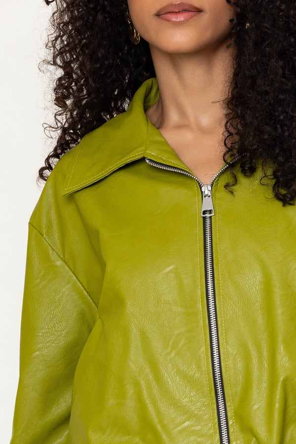 Carraig Donn Green Faux Leather Zip Up Long Sleeve Bomber Jacket