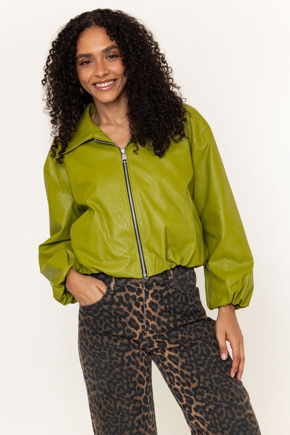Green Faux Leather Zip Up Long Sleeve Bomber Jacket