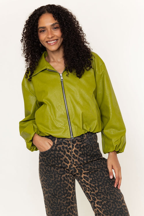 Green Faux Leather Zip Up Long Sleeve Bomber Jacket