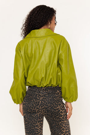 Carraig Donn Green Faux Leather Zip Up Long Sleeve Bomber Jacket