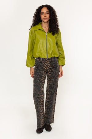 Carraig Donn Green Faux Leather Zip Up Long Sleeve Bomber Jacket