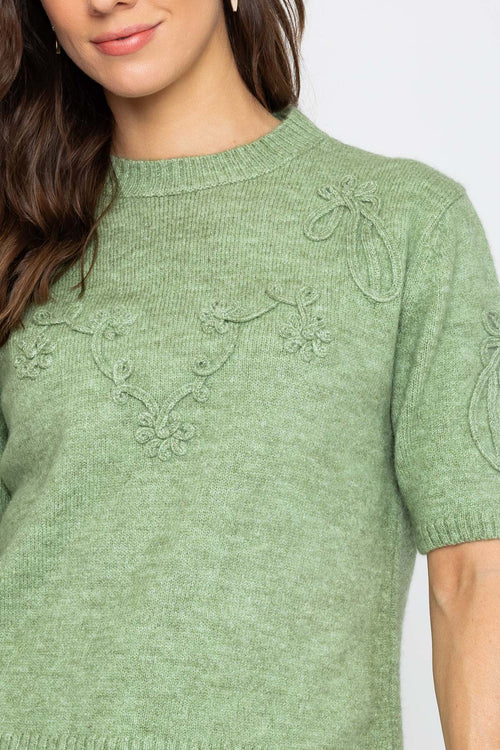 Carraig Donn Green Floral Stitch Short Sleeve Knit Top