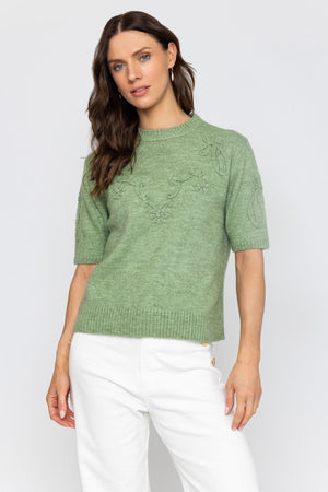 Carraig Donn Green Floral Stitch Short Sleeve Knit Top
