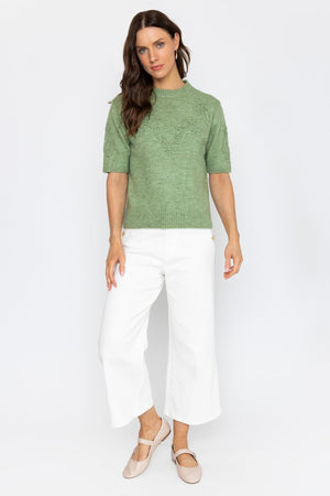 Carraig Donn Green Floral Stitch Short Sleeve Knit Top