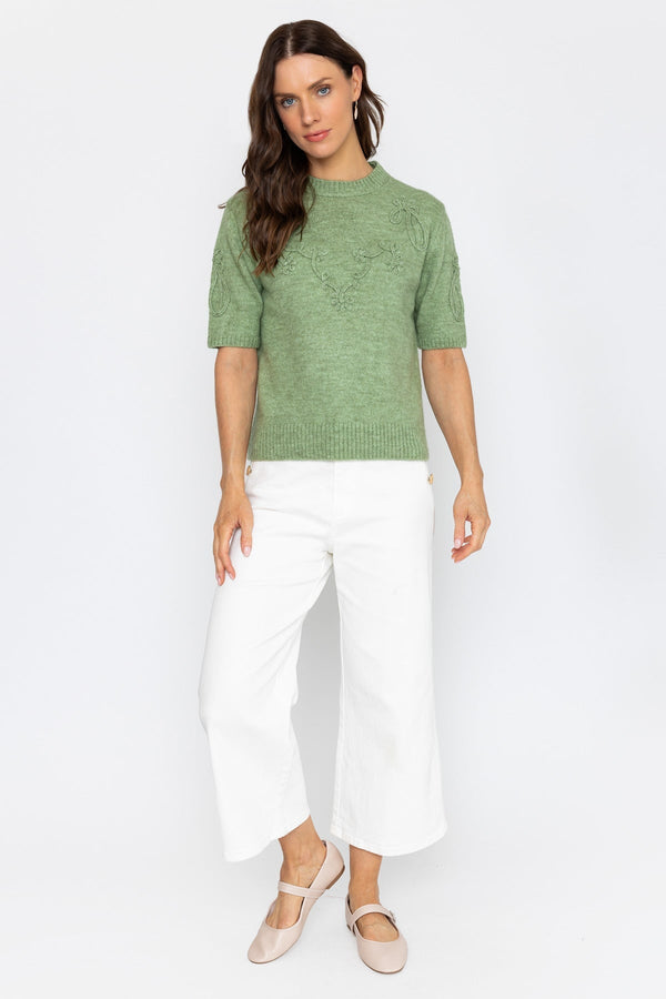 Carraig Donn Green Floral Stitch Short Sleeve Knit Top