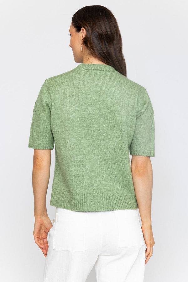 Carraig Donn Green Floral Stitch Short Sleeve Knit Top