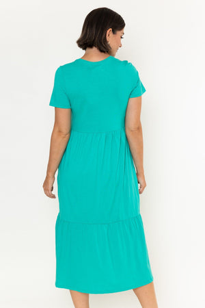 Carraig Donn Green Jersey Tiered A-Line Short Sleeve Midi Dress