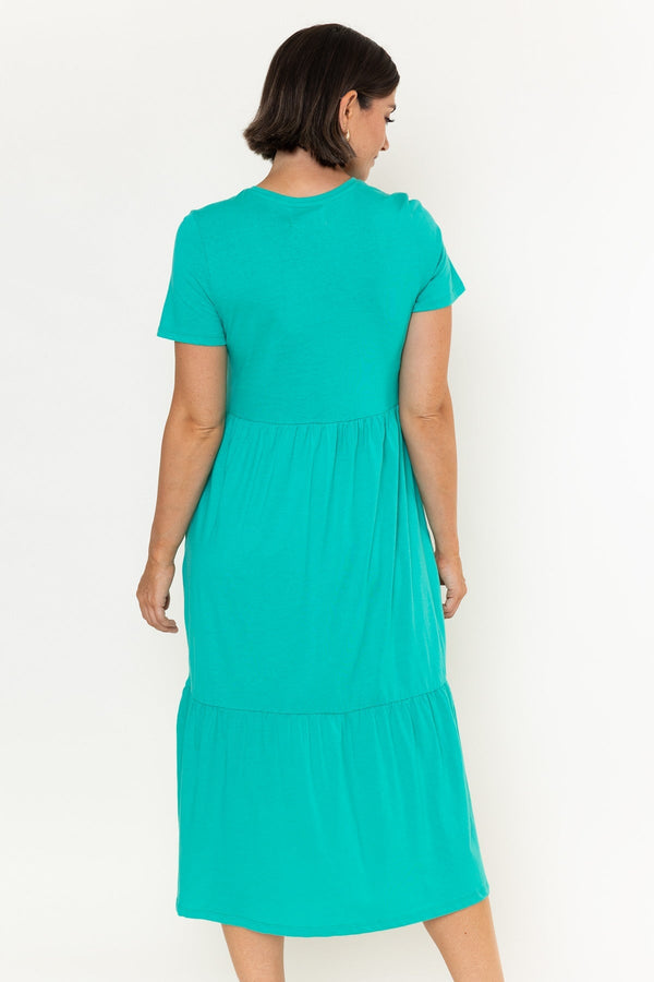 Carraig Donn Green Jersey Tiered A-Line Short Sleeve Midi Dress