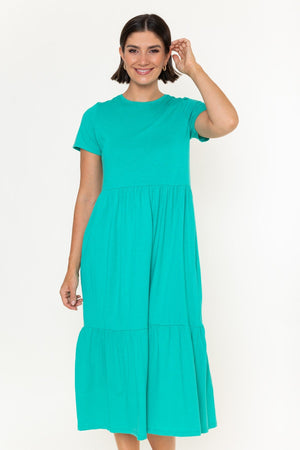 Carraig Donn Green Jersey Tiered A-Line Short Sleeve Midi Dress