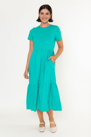 Carraig Donn Green Jersey Tiered A-Line Short Sleeve Midi Dress