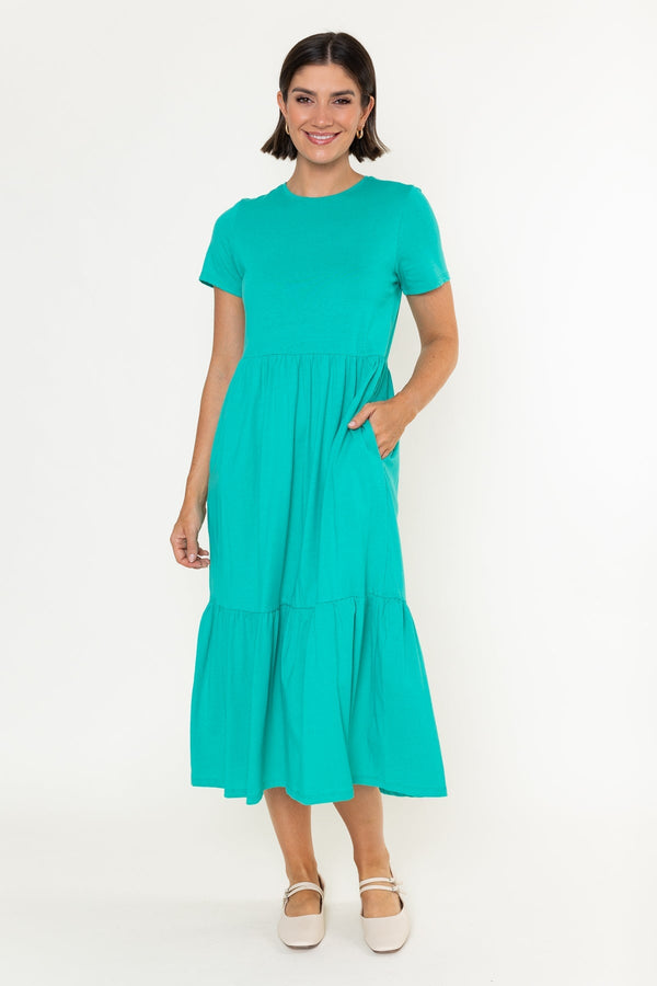 Carraig Donn Green Jersey Tiered A-Line Short Sleeve Midi Dress