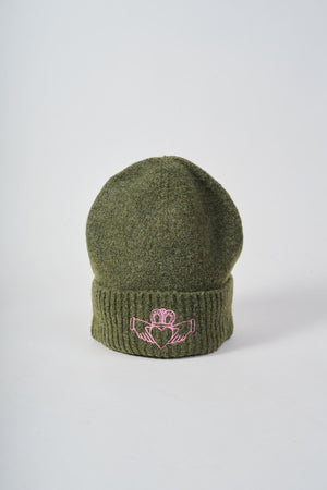 Carraig Donn Green Knit Pink Embroidered Claddagh Design Hat