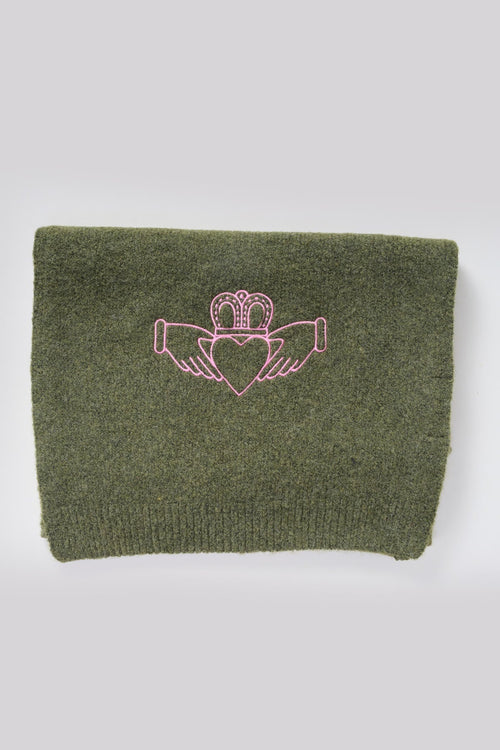 Green Knit Pink Embroidered Claddagh Design Scarf