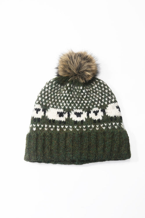 Green Knitted Sheep Motif Pom Pom Beanie Hat