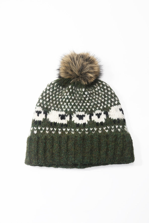 Carraig Donn Green Knitted Sheep Motif Pom Pom Beanie Hat