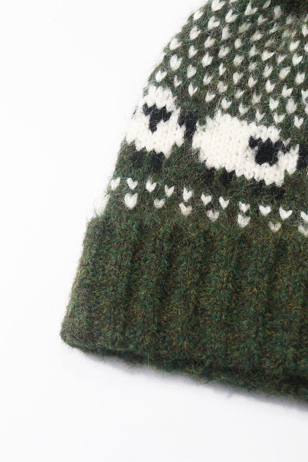 Carraig Donn Green Knitted Sheep Motif Pom Pom Beanie Hat