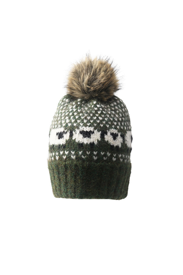 Carraig Donn Green Knitted Sheep Motif Pom Pom Beanie Hat