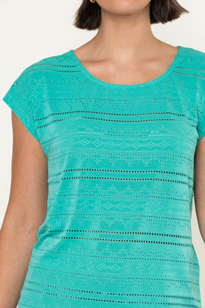 Carraig Donn Green Laser Cut Round Neck Cap Sleeve Top