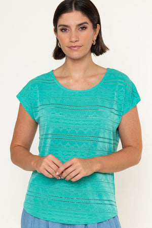 Carraig Donn Green Laser Cut Round Neck Cap Sleeve Top
