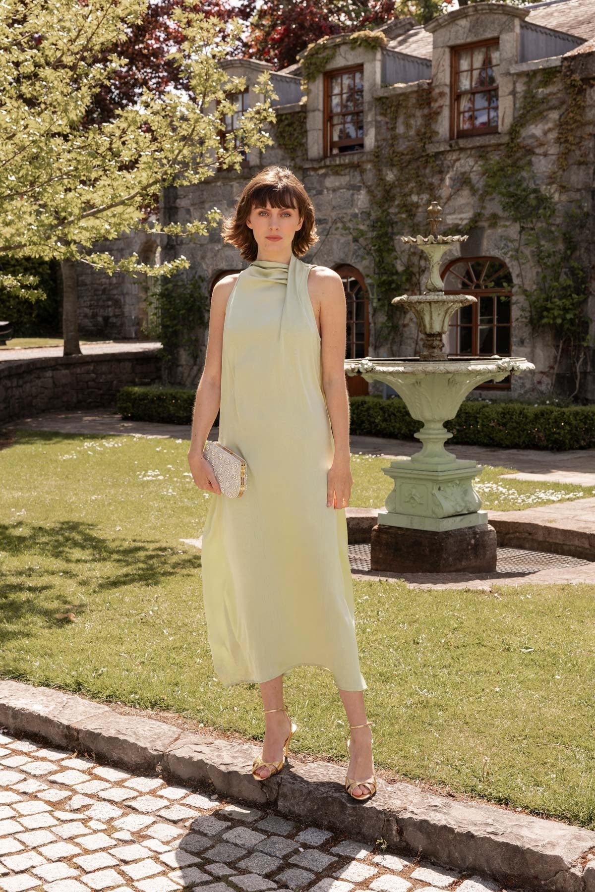 Green Satin Sheath Midi Dress