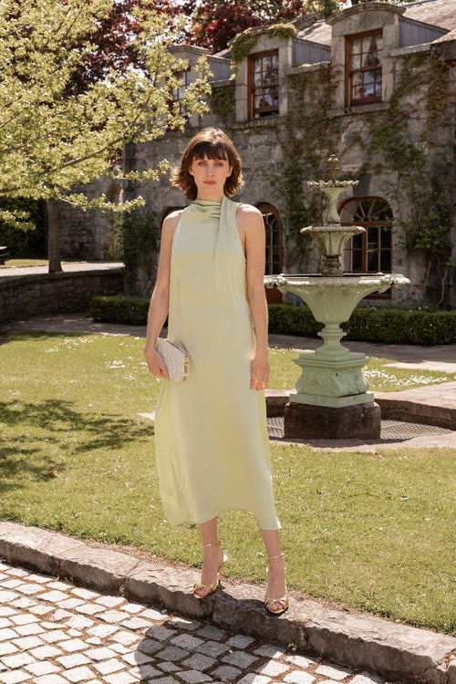 Green Satin Sheath Midi Dress